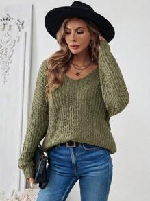 Chiquease Plain V-Neck Long Sleeve Minimalist Pullover Sweater, Casual Everyday Wear, Knit Pullover Fall Winter - Army Green - View 5