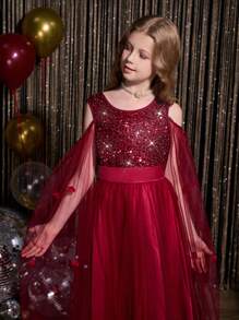 SHEIN Girls Sweet Floral Overlay Long Sleeve Dress With Bead & Sequin Decor, Suitable For Wedding, Party, Holiday Events - Burgundy - View 3