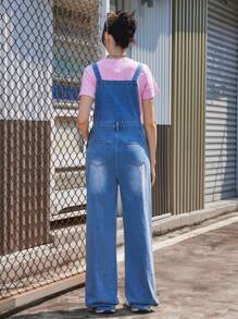 Teenager (Girls) Butterfly Print Washed Denim Bib Pants And Overalls, Casual Fashion Design