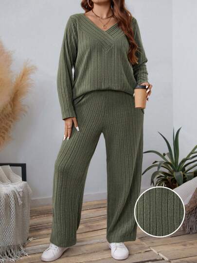 SHEIN LUNE Conjunto de ropa de otoño de 2 piezas para mujer talla grande con top de manga larga de cuello en V acanalado y pantalones anchos de pierna, Conjunto casual de ropa de mujer para otoño/primavera, Conjuntos de ropa de mujer para aeropuerto, Conjuntos de atuendos de viaje