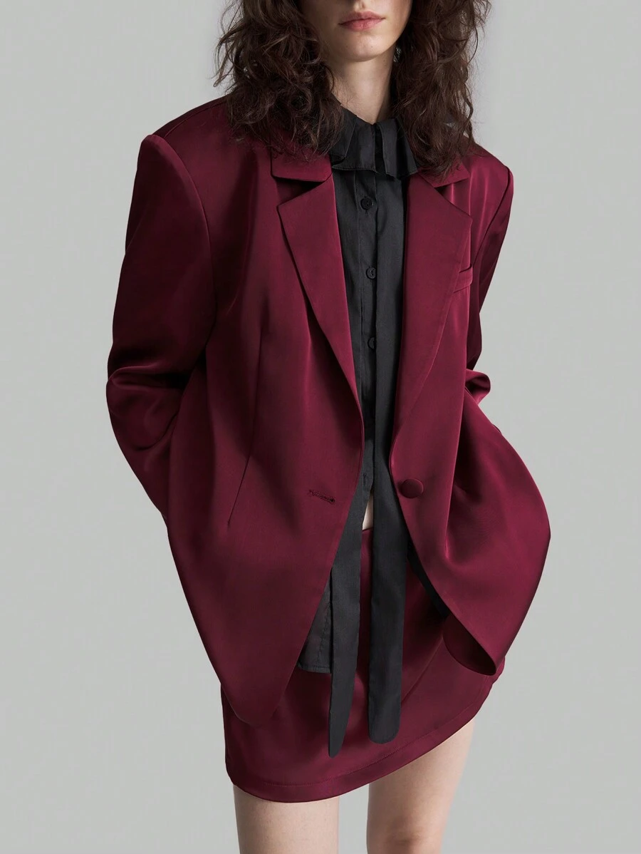 Ontre Bộ đồ vest nữ 2 món, áo khoác Angora dáng rộng màu đỏ và chân váy midi, trang phục công sở thanh lịch - Gỗ đỏ - Xem 1