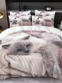 2/3 件套床上用品套装（1 个羽绒被套 + 1/2 个枕套）AB 版数码印花羽绒被套套装，猫咪图案，柔软透气，适合居家、宿舍、卧室、酒店、四季、秋季装饰、秋季装饰、房间装饰 - 白色 - 查看 1