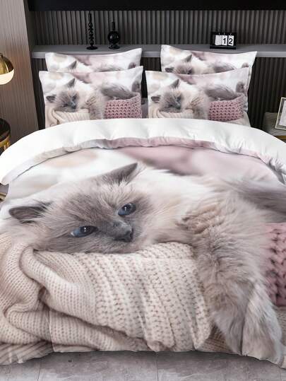 2/3pcs Bedding Set (Duvet Cover*1 + Pillowcase*1/2), AB Version Design, Digital Printed Duvet Cover Set, Cat Pattern, Suitable For Home, Bedroom, Dormitory, Skin-Friendly Soft, Breathable & Comfortable, Applicable For All Seasons, Home Decor, Hotel, Bedroom, Guest Room, Bedding