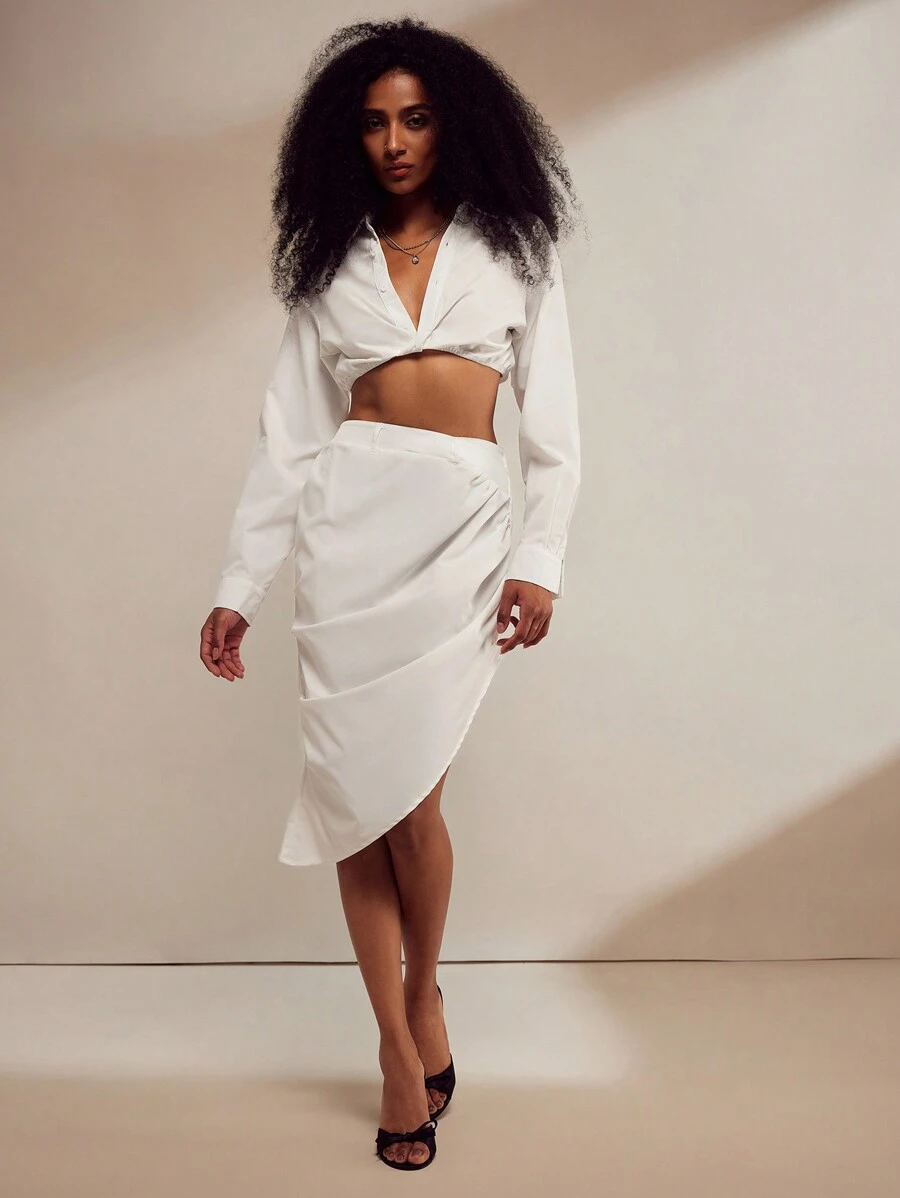 Forever 21 Fall&Winter Women Going Out/ Back To School//Thanksgiving/Christmas Women /Fitted/Prom/Simple/Cozy/Casual/Bachelorette/Vintage/Petite/ Tall Outfit/Essentials/Crew Neck/Halloween/Plain/Date Night Dress/Christmas/ Y2k/Homecoming/Elegant White Blouse With Twist Ruffle Skirt Set/White Two Pieces Set - White - View 1