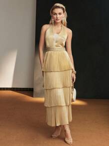 MOTF Soiréza HALTER NECK LAYERED RUFFLE HEM PLEATED COCKTAIL DRESS - Gold - View 4