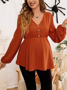 SHEIN Camicia svasata allentata per gravidanza con scollo a V, maniche a lanterna e decorazione a bottoni - Arancione - Visualizzare 3