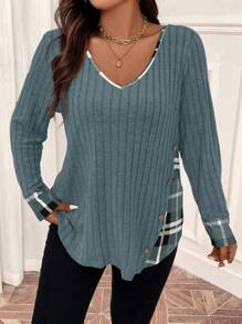 Plus Size Plaid Print V-Neck Ribbed Long Sleeve T-Shirt Graphic Tees Women Tops For Spring Fall For Women - Blue - View 4