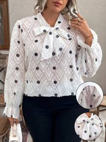 Celure Plus Size Ladies' Elegant Polka Dot Bow Tie Blouse, Spring & Summer - White - View 1