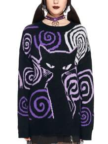 ROMWE Kawaii Women's Round Neck Long Sleeve Casual Cat Graphic Knit Sweater - Black - View 2