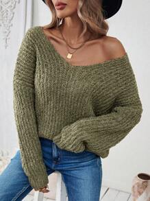 Chiquease Plain V-Neck Long Sleeve Minimalist Pullover Sweater, Casual Everyday Wear, Knit Pullover Fall Winter - Army Green - View 7