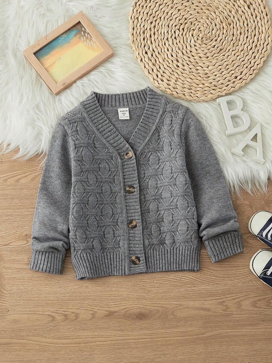 SHEIN Explorewe Áo khoác cardigan dài tay màu trơn họa tiết đơn hàng khuy đơn giản cho bé trai, mùa thu đông - Xám - Xem 1