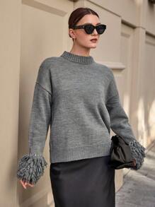 SHEIN Cottnline Fashionable Ringlet Beaded Sweater For Autumn - Grey - View 7