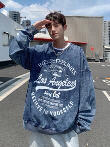 Manfinity Hypemode Áo nỉ hở vai in chữ denim xanh nhạt cho nam cỡ lớn - Rửa nhẹ - Xem 7