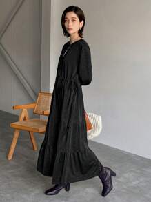 FRIFUL Women's Plain Crew Neck Long Sleeve Pleated Simple Casual Dress,Ruffle,Fall Clothes Maxi Dress - Black - View 5