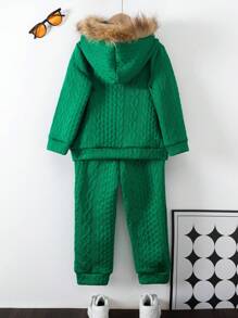 SHEIN 2 piezas Sudadera con capucha de felpa texturizada gris para niña pequeña con parche, cárdigan con cierre de cremallera y pelo marrón y pantalón deportivo casual de cintura ajustable gris, otoño invierno