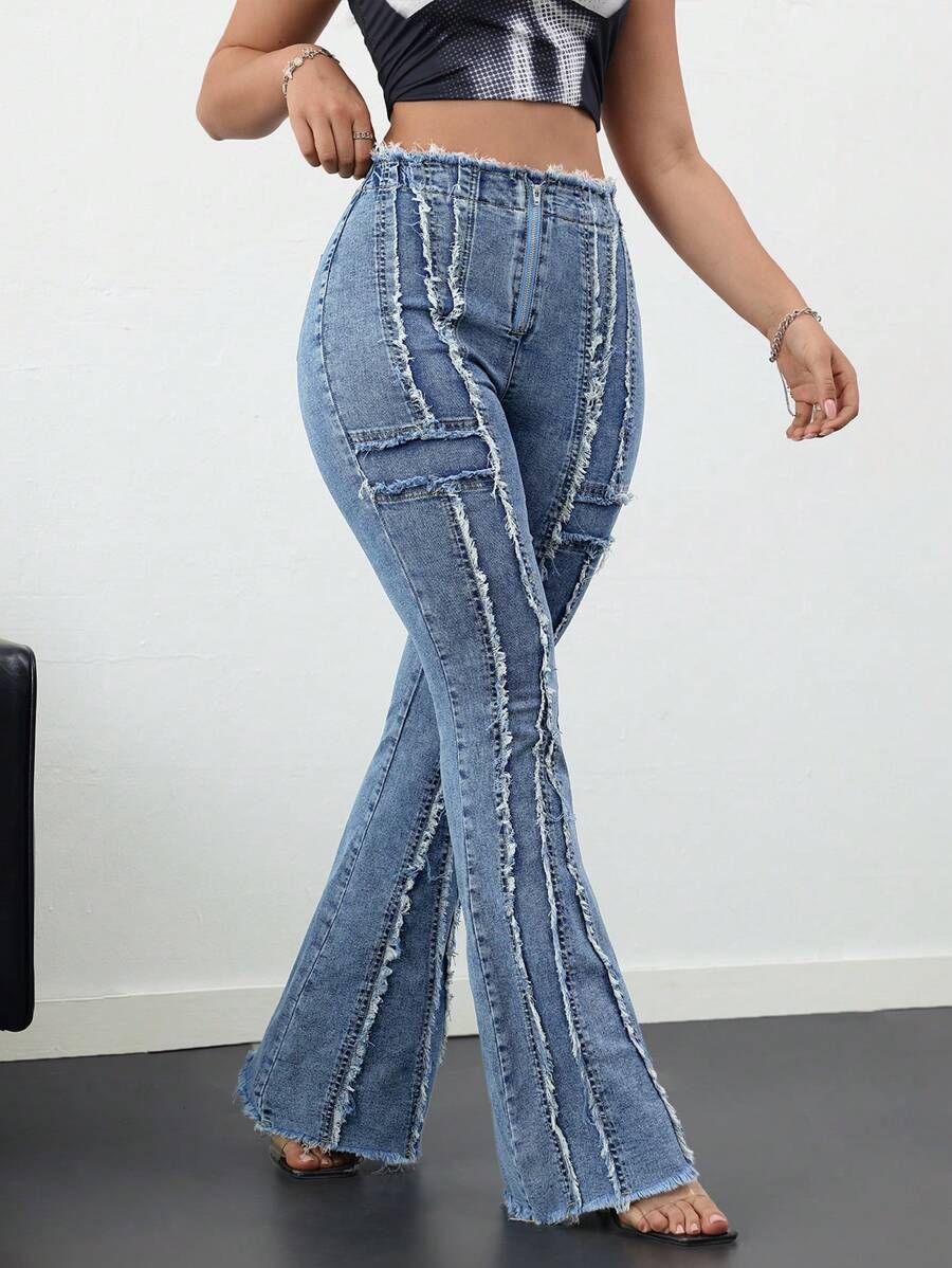 SHEIN Tall Women's Sexy Skinny Flare Leg Stretch Denim Jeans, Blue - Light Wash - View 1