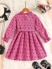 SHEIN Váy dài tay in hoa cho bé gái kèm thắt lưng, váy thời trang cho ngày lễ và các dịp đặc biệt, mùa thu - Màu Hồng Tươi - Xem 2