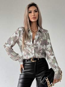 SHEIN Clasi 女式纽扣花卉印花长袖休闲衬衫
