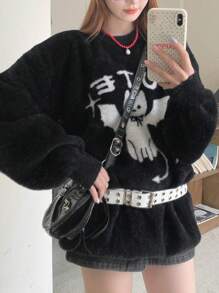 FRIFUL Áo len nữ tay dài cổ tròn dáng rộng họa tiết chữ hoạt hình, mùa thu đông - màu đen - Xem 1