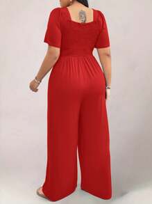 SHEIN Clasi Bộ đồ liền thân tay đèn lồng màu trơn cỡ lớn cho quần áo năm mới - Đỏ - Xem 2