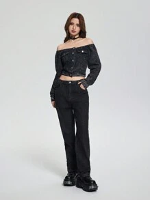 SHEIN Explorewe 2pcs Vintage Streetwear Teen Girls Set: Denim Off-Shoulder Crop Top & All-Match Loose Straight Leg Jeans - Black - View 4