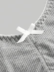 ROMWE Kawaii Plus Size Ribbed Comfortable Wireless Bra And Panty Set With Bow Accent - Grey - View 3