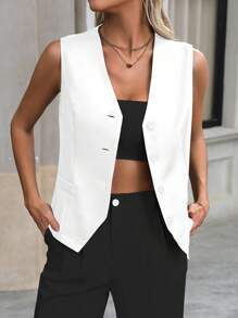 SHEIN Clasi 女士优雅纯色 V 领商务背心 - 白色 - 查看 3