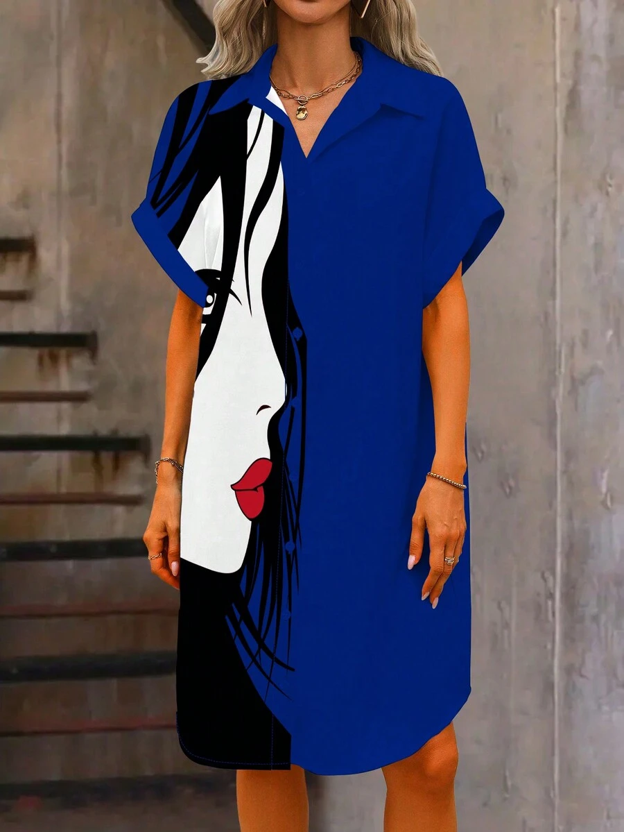 SHEIN LUNE Short Front Long Back Portrait Print Short Sleeve Dress - Blue - View 1