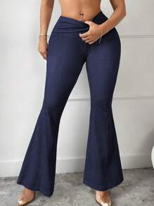 SHEIN SXY Denim Effect Slim-Fitting Sexy Butt-Lifting Flared Pants With Gathered Back Waist - Navy Blue - View 3