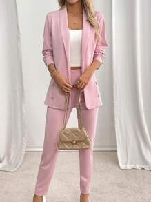 SHEIN Clasi 2pcs Women's Solid Color Lapel Collar Long Sleeve Button Design Jacket And Pants Office/Casual Suit Set, Spring/Fall - Pink - View 4