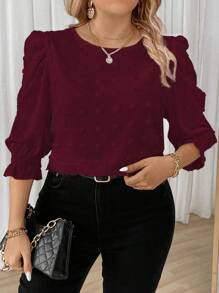 EMERY ROSE Plus Size Casual Solid Color Puff Sleeve Blouse, Spring & Autumn