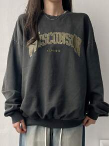 DAZY 女式做旧图案印花宽松运动衫，秋装 - 灰色 - 查看 4