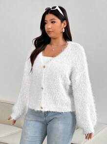 Flirla Plus Size V-Neck Casual Solid Color Sweater Cardigan, Fall - White - View 5