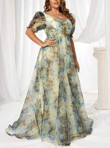 SHEIN Belle 大码花卉印花公主袖分层荷叶边高开叉长裙浪漫、优雅、甜美度假风礼服、婚礼活动礼服、舞会晚礼服，适合婚礼嘉宾、毕业典礼、晚宴 - 彩色 - 查看 4