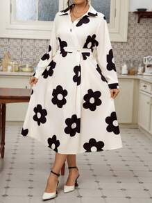 SHEIN Unity Plus Size Full Floral Print Button Front Long Sleeve Dress, Assorted Prints Maxi Women Outfit - Apricot - View 6