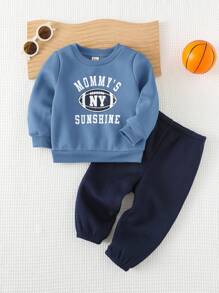 Cozy Pixies 2 件装男婴字母设计圆领长袖运动衫和松紧腰裤套装，男婴服装 - 藍色 - 查看 9