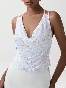 Lumivelle Camisola elegante de fiesta con escote drapeado con lentejuelas para mujer