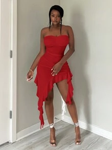SHEIN SXY 女士简约纯色日常穿着筒状荷叶边下摆连衣裙适合约会之夜、生日、单身派对装、休闲、购物、外出、度假、海滩， - 紅色 - 查看 5