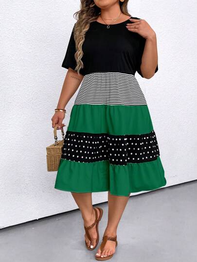 SHEIN LUNE Plus Size Women's Summer Round Neck Short Sleeve Polka Dot & Striped Loose Casual Dress Women Outfit