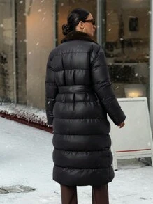 RueChic 优雅系腰带长款夹棉大衣，带毛领，女士冬装