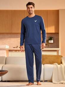 Manfinity Underwear&Sleepwear Basics Bộ đồ ngủ thường ngày cho nam, áo thun trơn cổ tròn tay dài in họa tiết tối giản và quần dài, trang phục thu đông - Xanh đậm - Xem 5