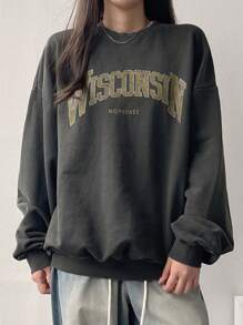 DAZY 女式做旧图案印花宽松运动衫，秋装 - 灰色 - 查看 7