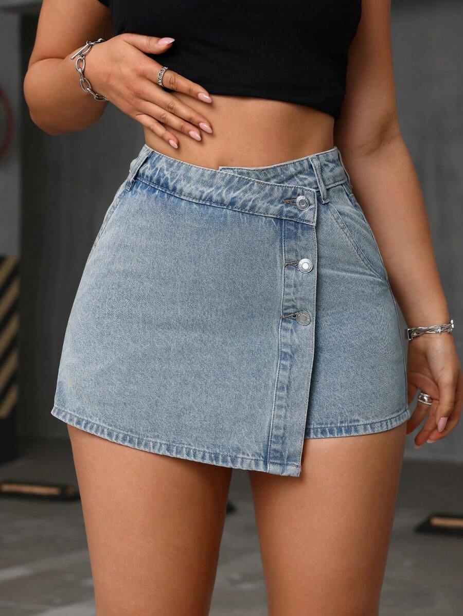 SHEIN EZwear Chân váy denim cài nút bất đối xứng giản dị cho nữ - Màu xanh lam - Xem 1