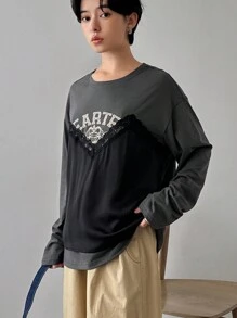 FRIFUL Women's Spring Summer Black Crown & Letter Print Loose 2 In 1 Long Sleeve Casual Lace T-Shirt