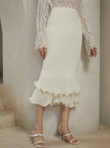 Anewsta Falda ajustada con textura y volantes elegantes en el bajo - Champán - Ver 5