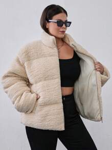 RueChic Plus Women's Faux Fur High Quality High Neck Nice & Warm Winter Coat - Beige - View 5