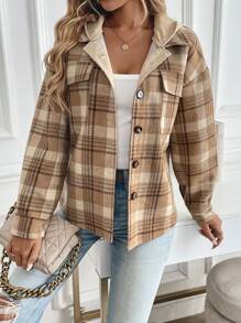 SHEIN LUNE 女式前扣连帽格纹羊毛大衣 - 彩色 - 查看 6