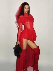 SHEIN ICON Women's Stand Collar Lace Mesh Tiered Asymmetrical Hem Costume Dress - Red - View 4