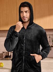 Manfinity Underwear&Sleepwear Basics 男士纯色拉链连帽长袖休闲家居服睡袍，带口袋，适合秋冬季节，蓬松舒适 - 黑色 - 查看 3