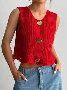 Flirla 正面纽扣、无袖、时尚、百搭、简约针织上衣 - 紅色 - 查看 4